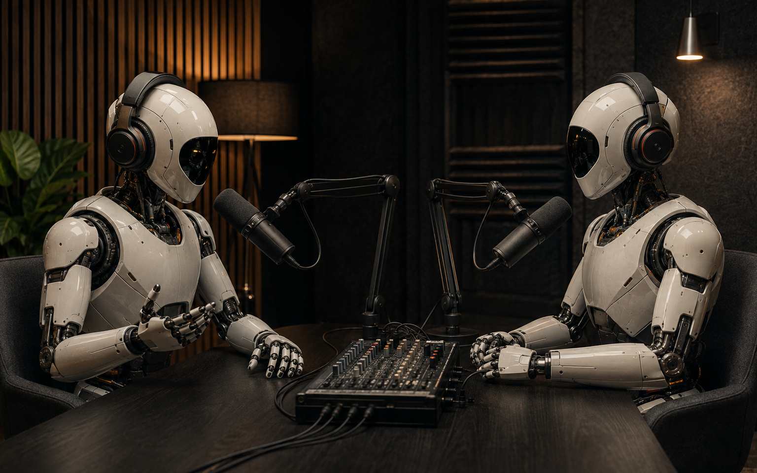 Two robots recording in a premium podcast studio