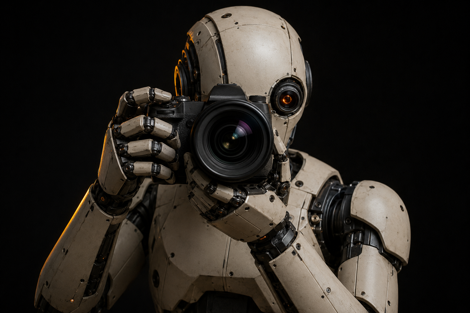 Robot photographer holding a professional camera