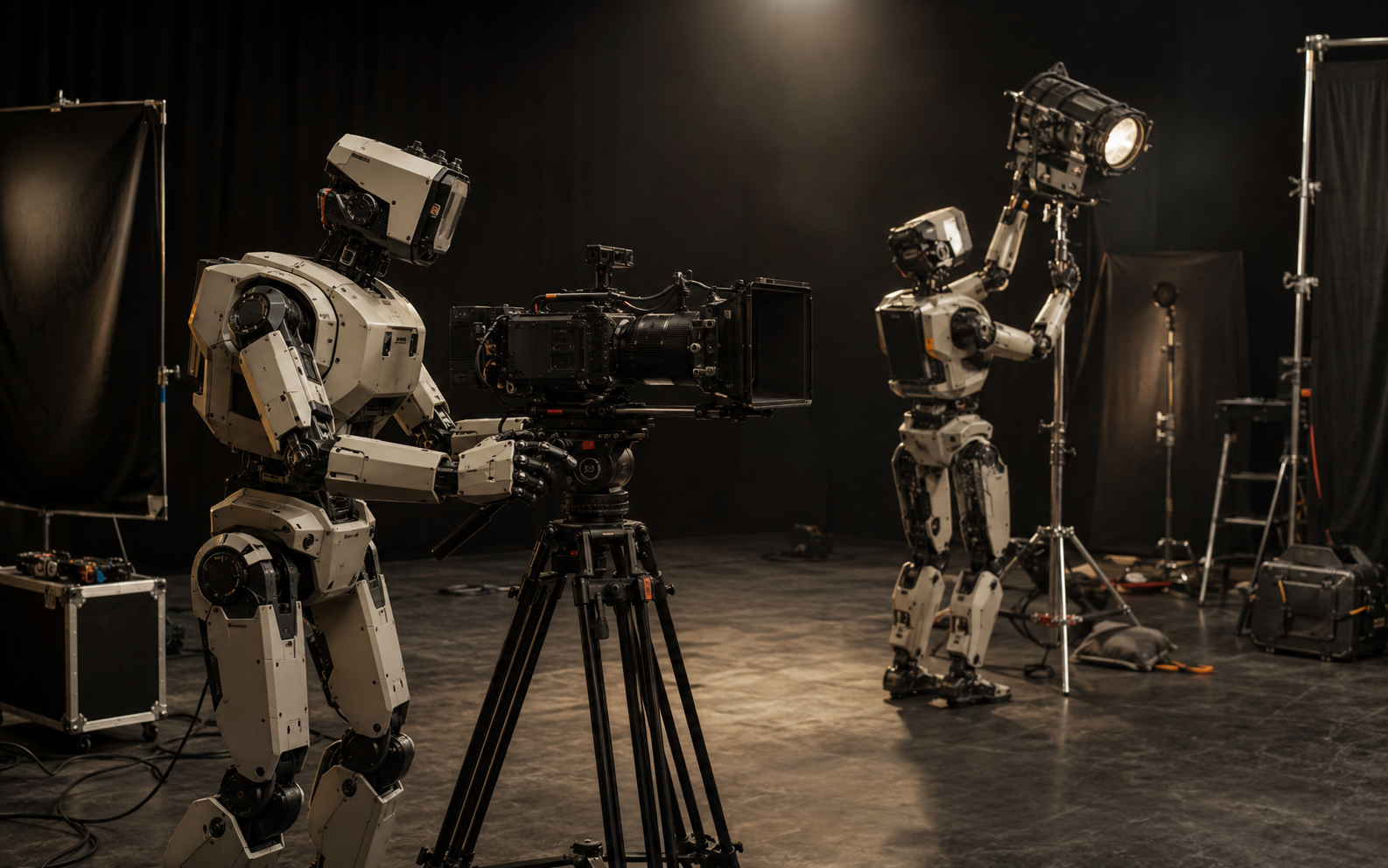 Robot production crew filming on a professional soundstage